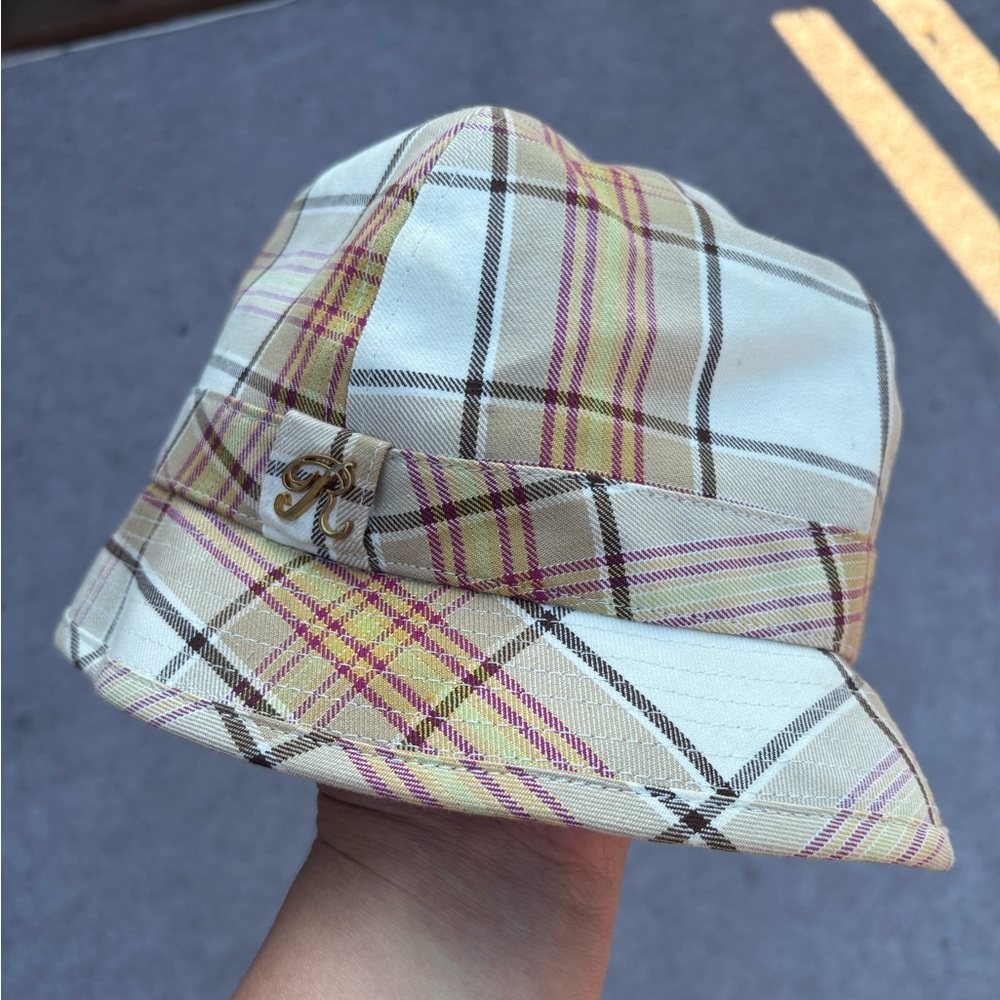 H&M y2k Plaid Bucket Hat with Logo Accent in white multi womens